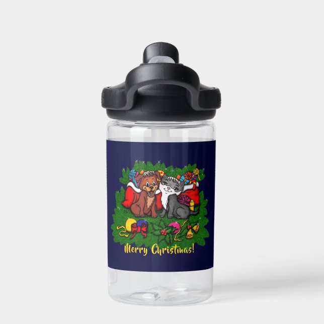 Kitty and Puppy , Happy XMas Water Bottle (Back)