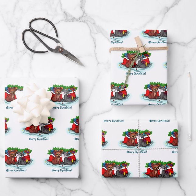 Kitty and Puppy , Happy XMas Wrapping Paper Sheets (Front)