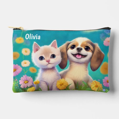 Kitty and Puppy Personalized Kids Name Accessory Pouch