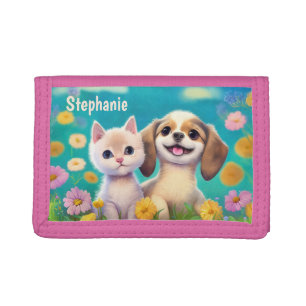Kitty and Puppy Personalized Kids Name Cute Trifold Wallet