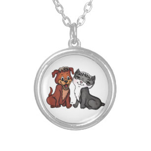 Kitty and Puppy Silver Plated Necklace