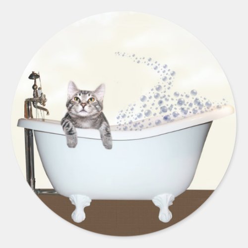 Kitty bath time classic round sticker