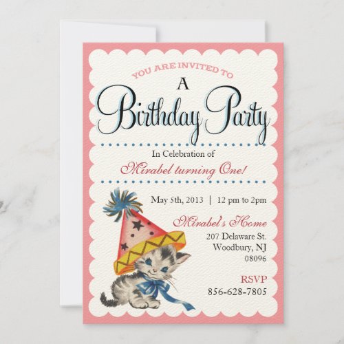 Kitty Birthday Party  Retro Birthday Invitations