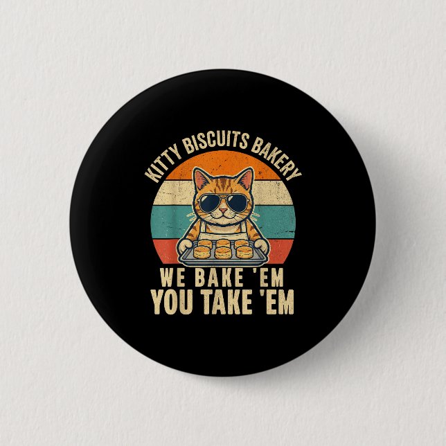Kitty biscuits bakery funny cat sunglasses retro button (Front)