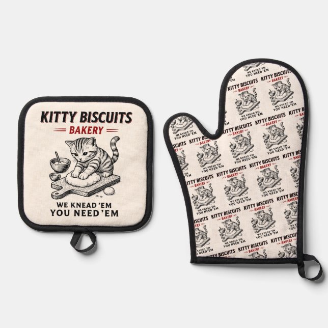 Kitty Biscuits Bakery Oven Mitt & Pot Holder Set (Front)