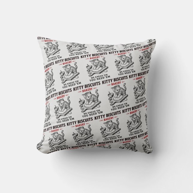 Kitty Biscuits Bakery Throw Pillow (Front)