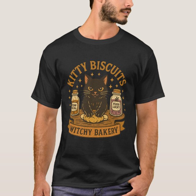 Kitty Biscuits Witchy Bakery Shirt – Magical Black (Front)