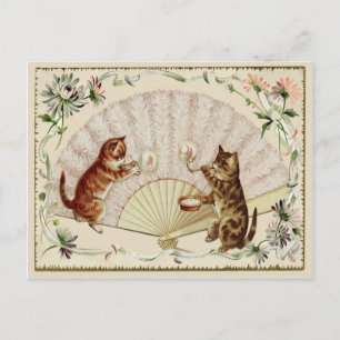 Kitty Bubbles & Fan Vintage Reproduction Postcard