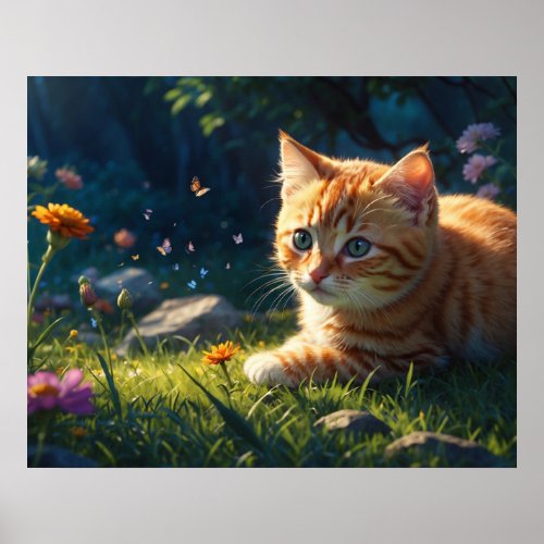   Kitty Cat 54 Feline Kitten Reaching Flower Poster