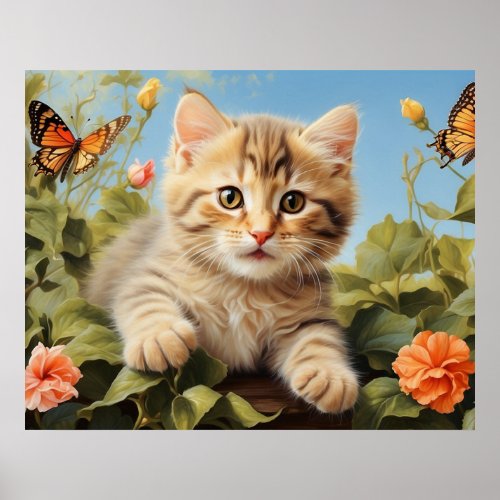   Kitty Cat 54  Kitten Butterfly Flowers AP68  Poster