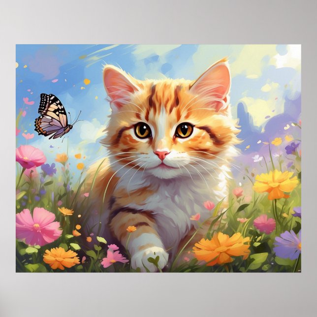 *~*  Kitty Cat 5:4  Kitten Flowers AP68 Butterfly Poster (Front)
