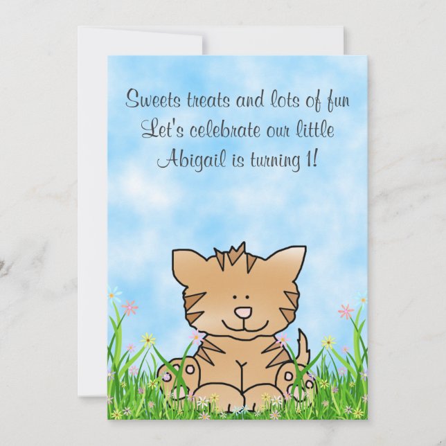 Kitty Cat and Flowers 1st Birthday Invitation (Front)