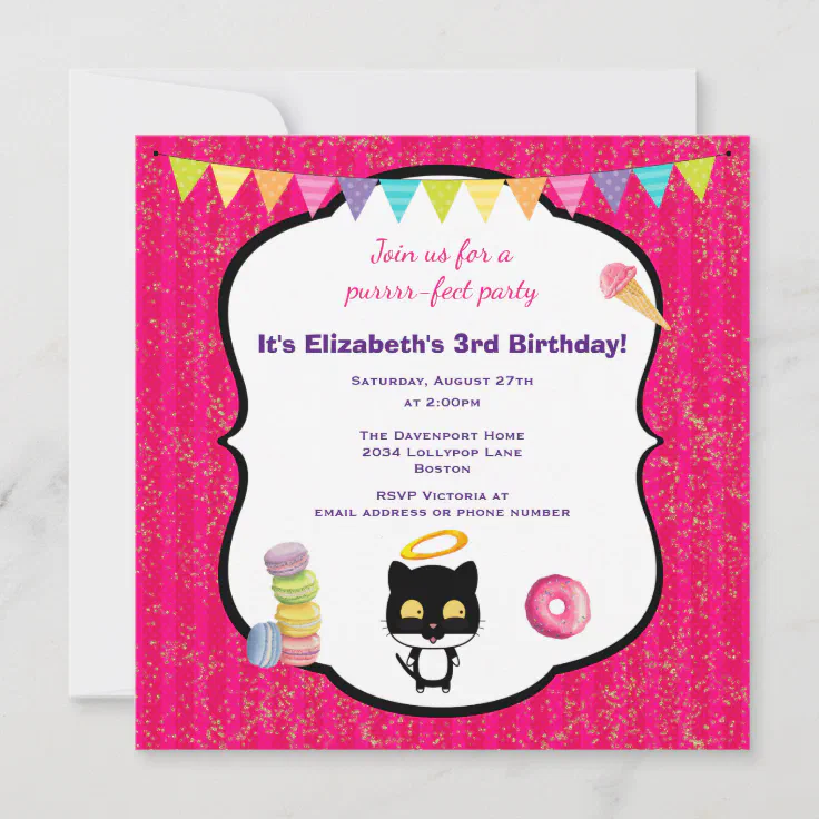 Kitty Cat And Ice Cream Birthday Party Invite | Zazzle