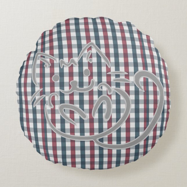 Kitty Cat and Plaid Pattern Round Pillow (Front)