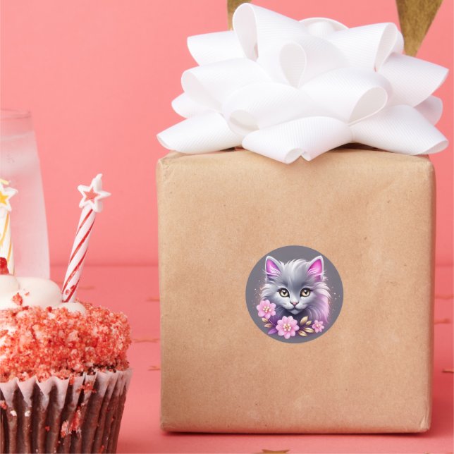 Kitty Cat and Pretty Pink Flowers Classic Round Sticker (Party)