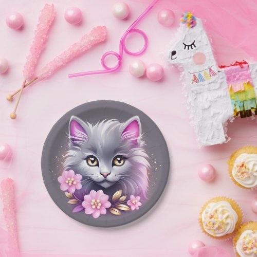 Kitty Cat and Pretty Pink Flowers Paper Plates