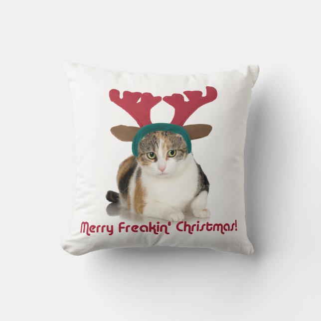 Kitty Cat & Antlers Merry Freakin Christmas Throw Pillow (Front)