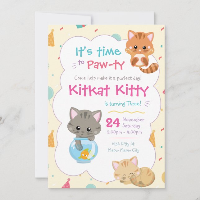 Kitty Cat Birthday Invitation Kitten Party (Front)