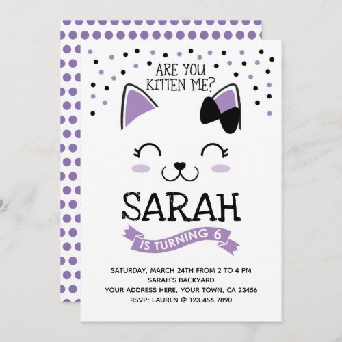 Kitty Cat Birthday Invitation Purple  Black Invitation