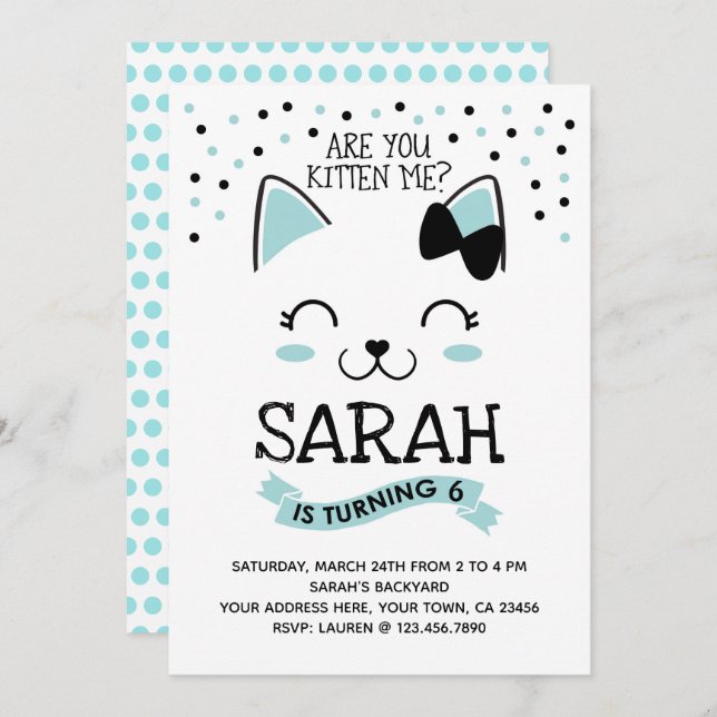 Kitty Cat Birthday Invitation, Teal & Black Invitation (Front/Back)