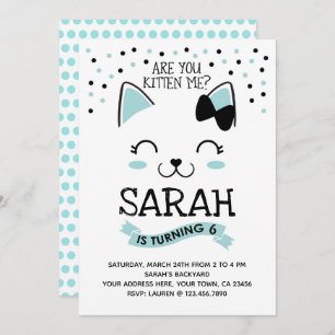 Kitty Cat Birthday Invitation, Teal & Black Invitation