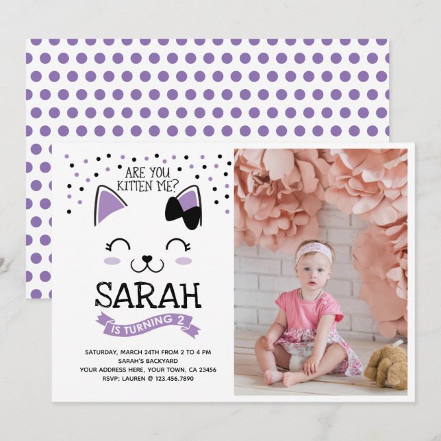 Kitty Cat Birthday Invitation with Photo (Front/Back)