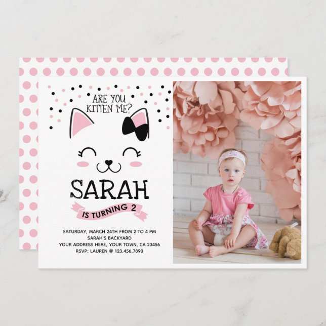 Kitty Cat Birthday Invitation with Photo (Front/Back)
