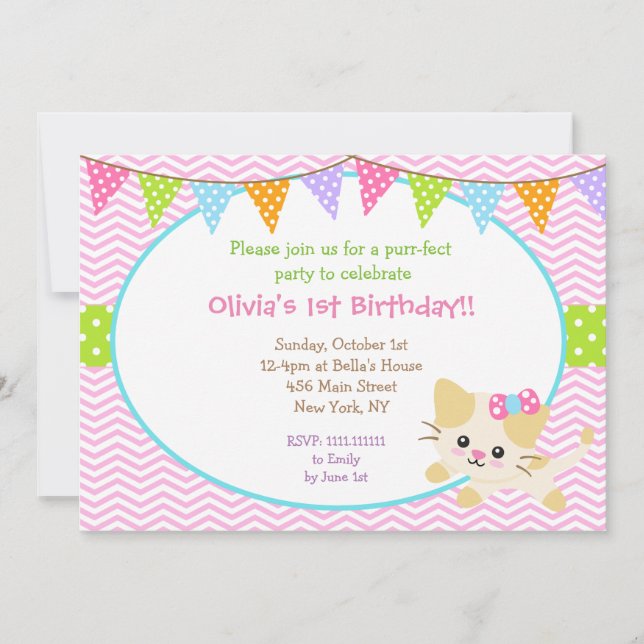 Kitty Cat Birthday Invitations for Girl (Front)