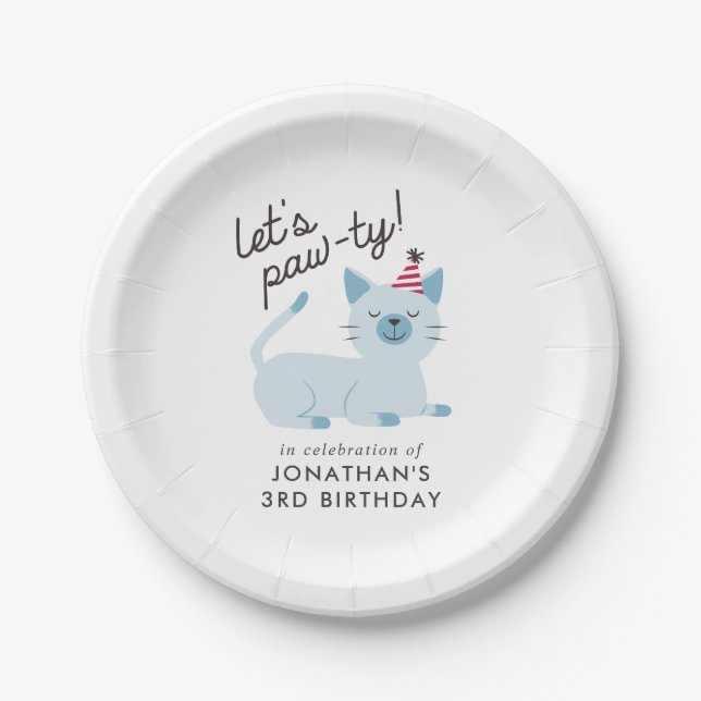 Kitty Cat Birthday Party | Let's Pawty Blue Paper Plates (Front)