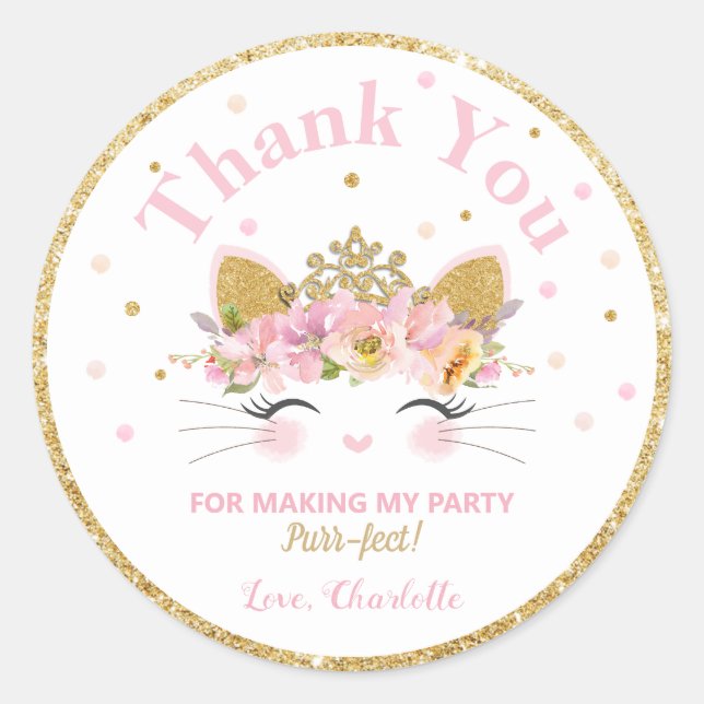Kitty Cat Birthday Thank You Sticker Favors Labels (Front)