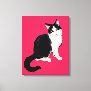 Kitty Cat, Black and White on Hot Pink Canvas Print