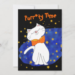 Kitty Cat Blue Starry Night with Gold Stars Invitation