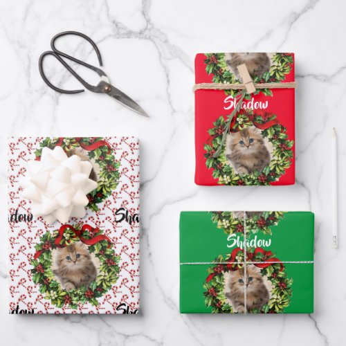 Kitty Cat Christmas Photo  Name Candy Cane 3 Wrapping Paper Sheets