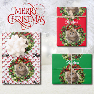 Kitty Cat Christmas Photo & Name Candy Cane 3 Wrapping Paper Sheets