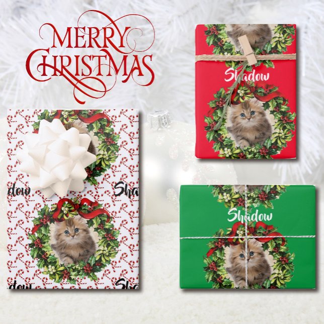 Kitty Cat Christmas Photo & Name Candy Cane 3 Wrapping Paper Sheets (Creator Uploaded)