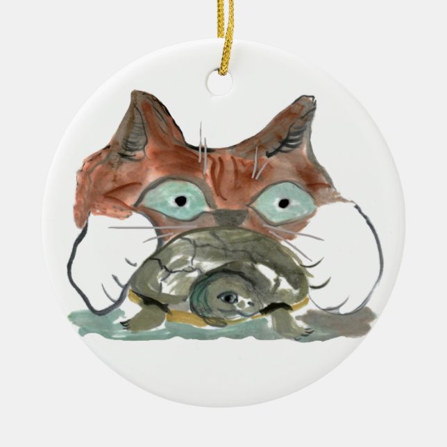 Kitty Cat Clutches his Turtle Pal Ceramic Ornament (Front)