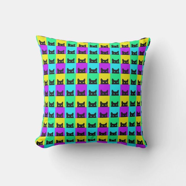 Kitty Cat Colorful Block Throw Pillow (Front)