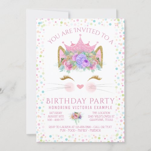 Kitty Cat Confetti Birthday Party Invitation