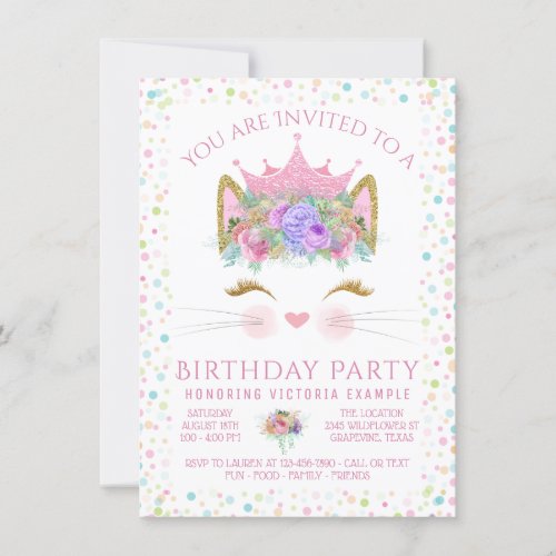 Kitty Cat Confetti Girls Any Number Birthday Party Invitation