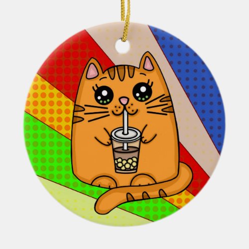Kitty Cat drinking Boba Tea Ceramic Ornament