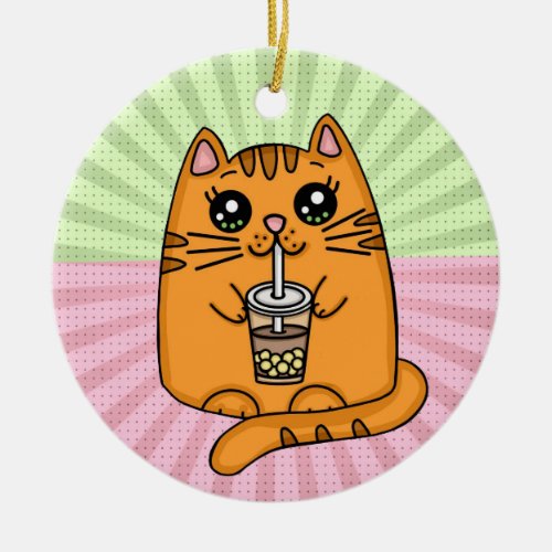 Kitty Cat drinking Boba Tea  Ceramic Ornament