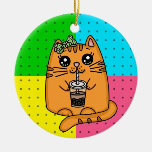 Kitty Cat Drinking Boba Tea Ceramic Ornament