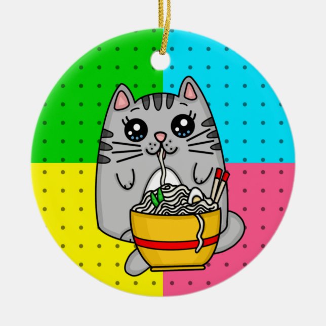 Kitty Cat eating Ramen Noodles Ceramic Ornament (Front)