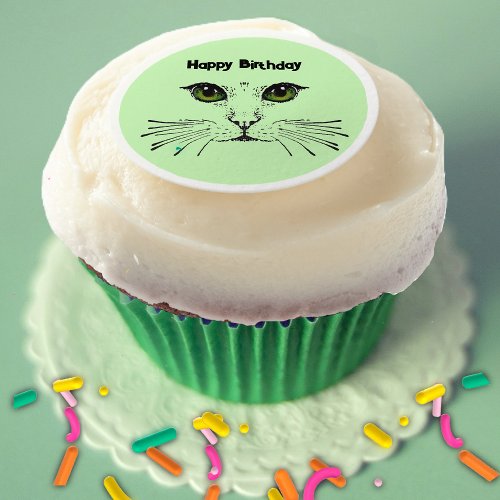 Kitty Cat Face black Sketch Green eyes Whiskers Edible Frosting Rounds
