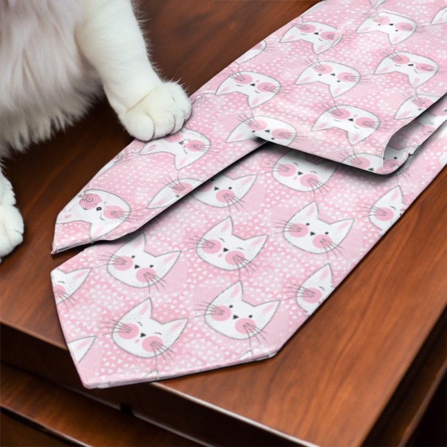Kitty Cat Faces Funny Pink and White Neck Tie