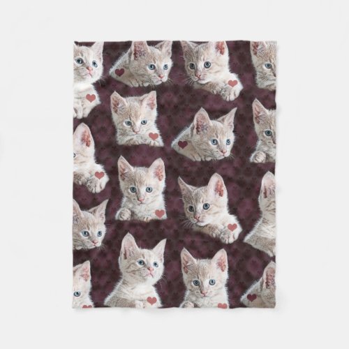 Kitty Cat Faces Pattern With Hearts Image Fleece Blanket