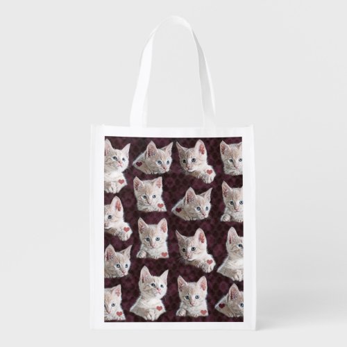 Kitty Cat Faces Pattern With Hearts Image Grocery Bag