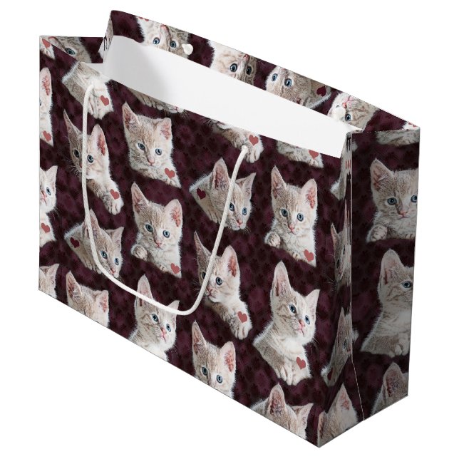 Kitty Cat Faces Pattern With Hearts Image Large Gift Bag (Front Angled)