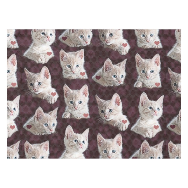 Kitty Cat Faces Pattern With Hearts Image Tablecloth (Front (Horizontal))