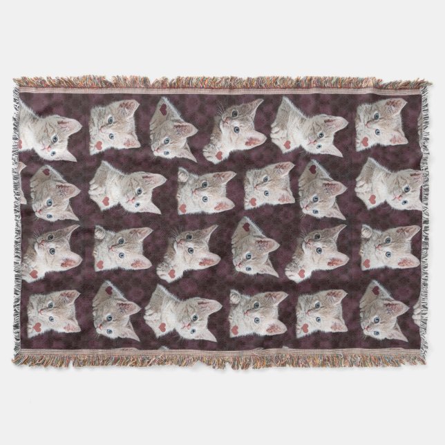 Kitty Cat Faces Pattern With Hearts Image Throw Blanket (Front)